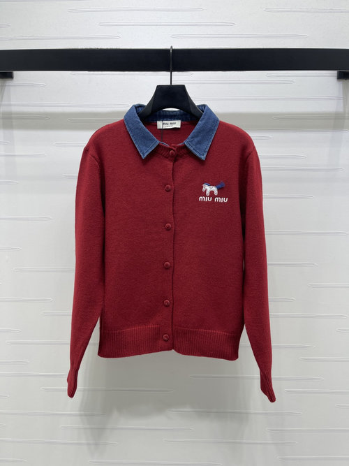 Miu Miu New Arrival: Denim-Trimmed Knit Cardigan with Logo