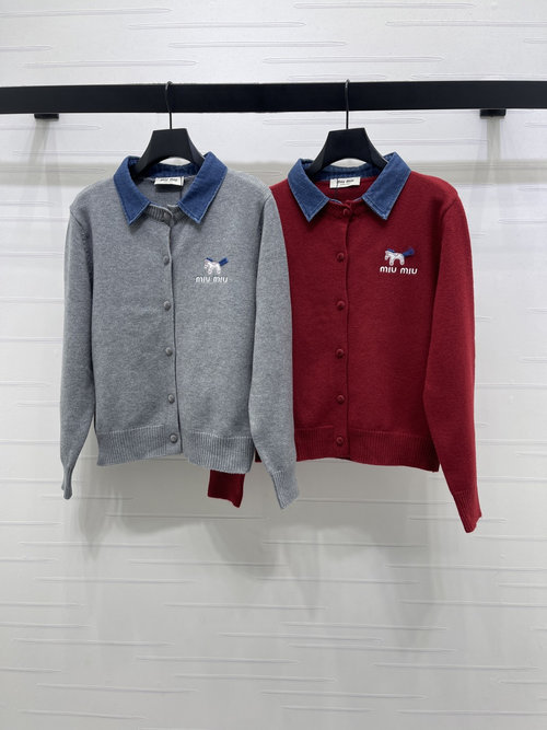 Miu Miu New Arrival: Denim-Trimmed Knit Cardigan with Logo