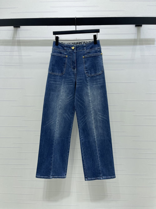 Chanel High-end Camellia Color-blocked High-waisted Straight Jeans