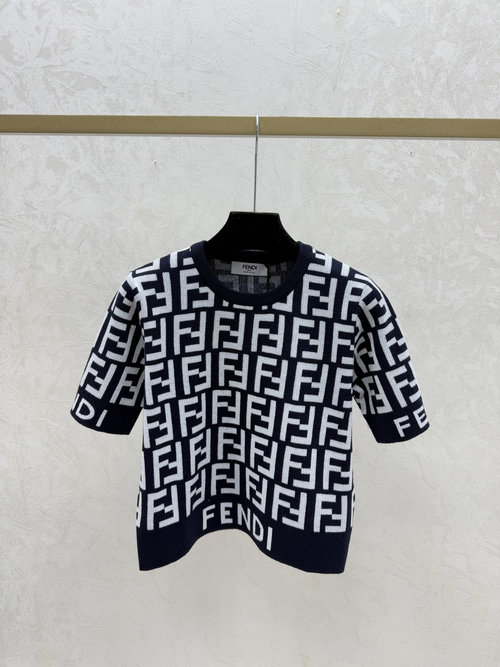 Fendi Navy Blue Contrast Patterned Letter Round Neck Knit Short Sleeve