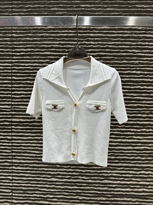 Celine New Lapel Decor Double Pocket Knitted Short Sleeve