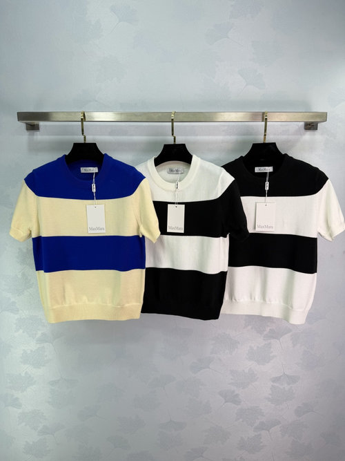 Max Mara Striped Round Neck Knit Short Sleeve, Custom Wool