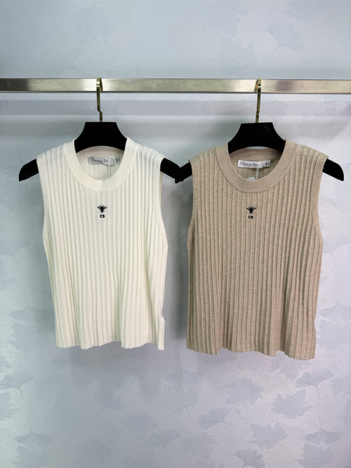 Dior Round Neck Embroidered Logo Vertical Stripes Knitted Vest