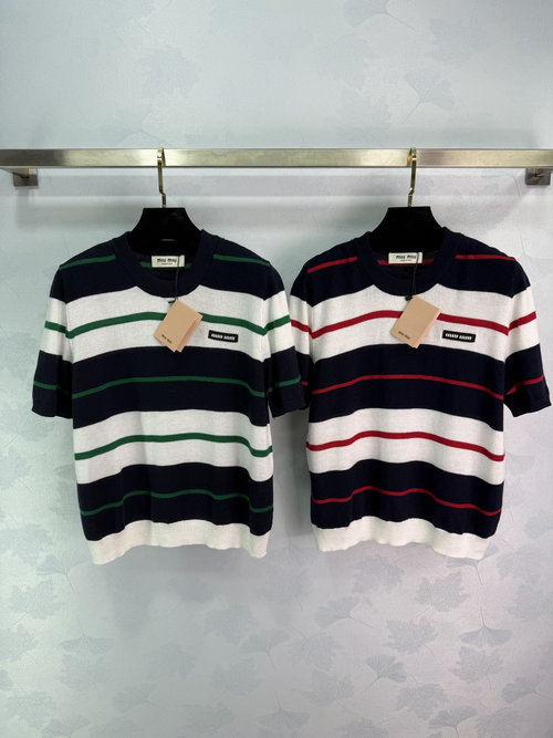 Miu Miu Color Block Striped Short Sleeve Knit Top