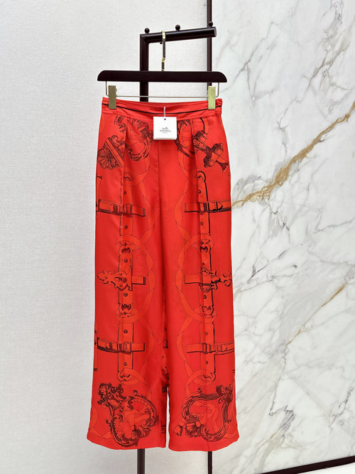 Hermes Chain Pattern Printed Silk Wide - Leg Straight Pants