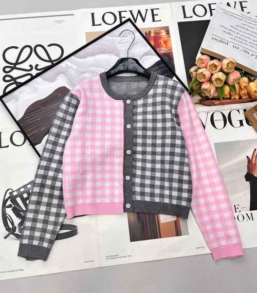 Thom Browne Pink-Grey Checked Wool Blend Cardigan with Buttons