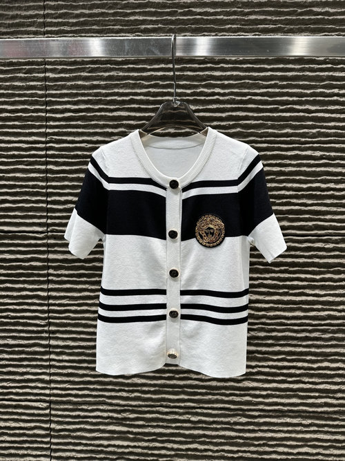 Versace Striped Round Neck Knit Short-sleeved Cardigan