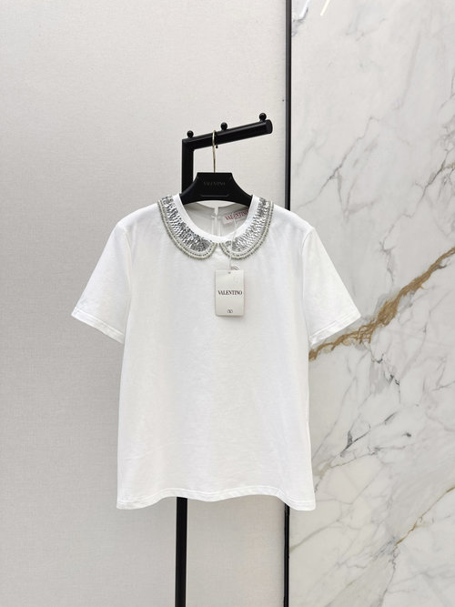 Valentino Glitter Embroidery Soft Breathable Doll Collar T-shirt