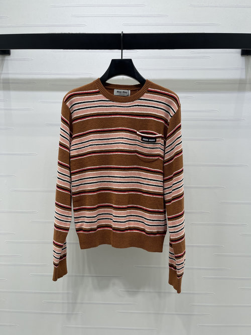 Miu Miu Retro Color-Blocked Knit Long Sleeve with Pocket Logo