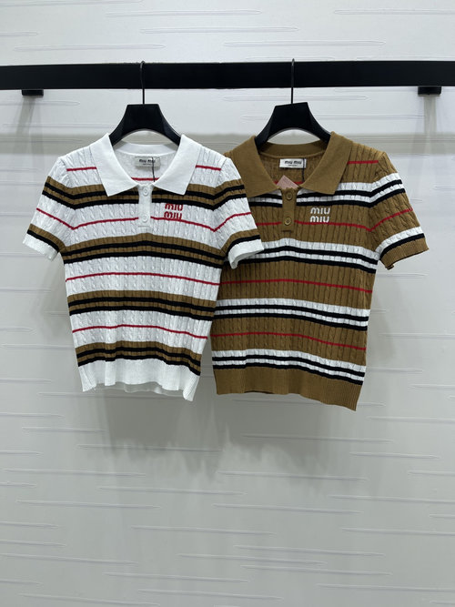 Miu Miu Twist Stripe Collar Knit Short-Sleeve with Embroidered Logo