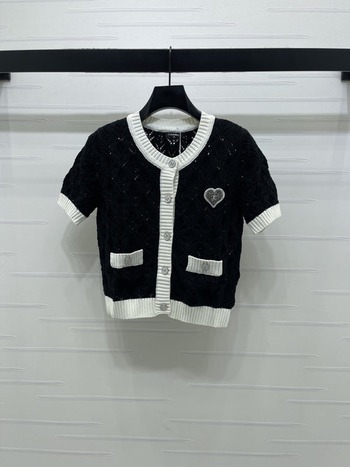 Chanel Hollow Out Round Neck Knit Cardigan with Love Heart Rhinestones