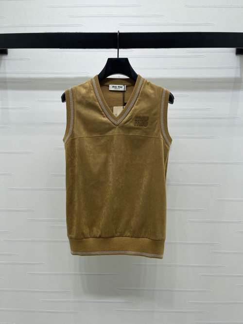Miu Miu New Arrival: Suede V-Neck Vest with Embroidered Logo