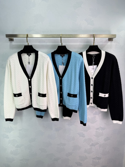Chanel Timeless V-Neck Braided Knit Cardigan with Contrast Trim