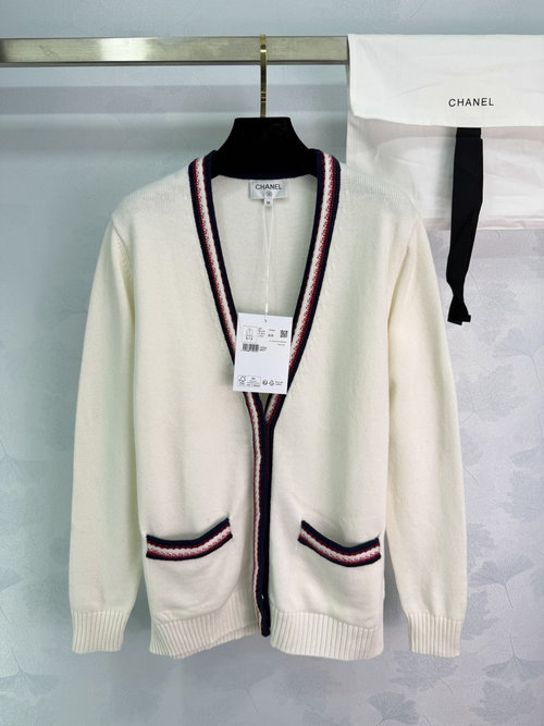 Chanel White and Red Trimmed Cashmere Cardigan, Classic