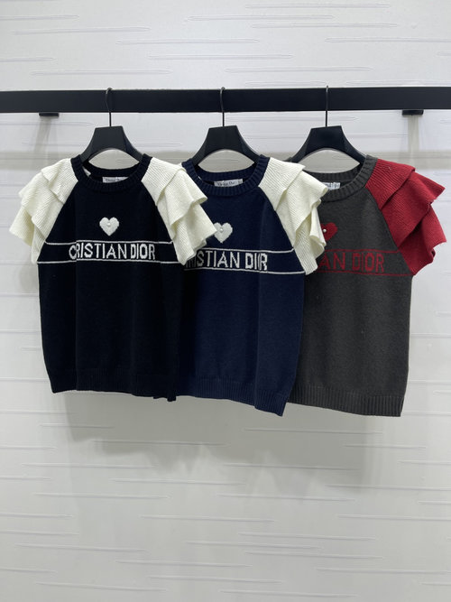 Dior Elegant Spring Lace Sleeve Knitted Short Sleeve with Embellishments