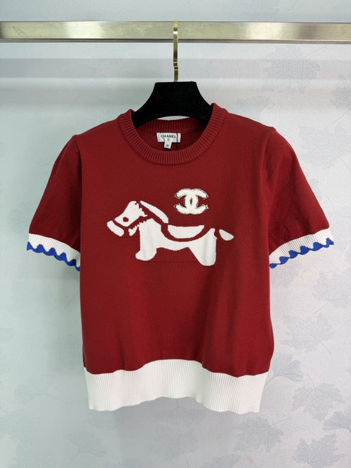 Chanel Red Horse Pattern Knitwear with Double C Logo