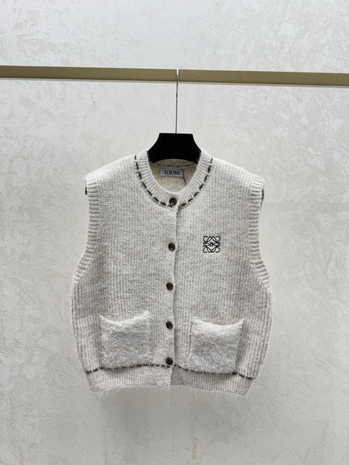 Loewe Apricot Contrast-Color Simple Round-Neck Knit Vest Cardigan