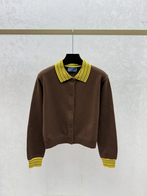 Prada Coffee Color-blocked Spread Collar Knit Cardigan