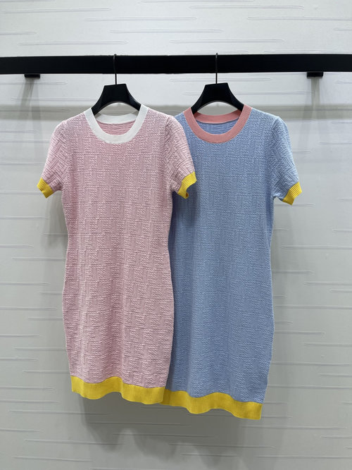 Fendi Jacquard Knit Round-Neck Double F Logo Short-Sleeve Dress
