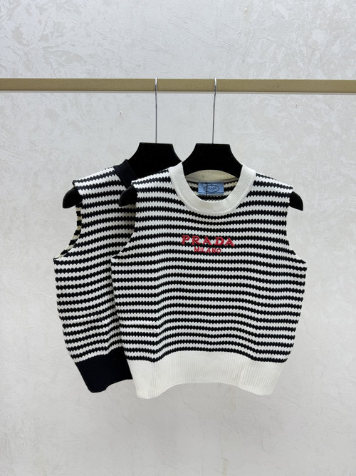 Prada Contrasting White and Black Stripe Round Neck Knit Vest