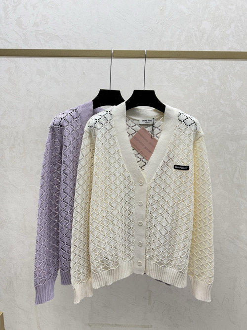 Miu Miu Solid White & Purple Rhombus Hollow V-Neck Knitted Long-Sleeve Cardigan