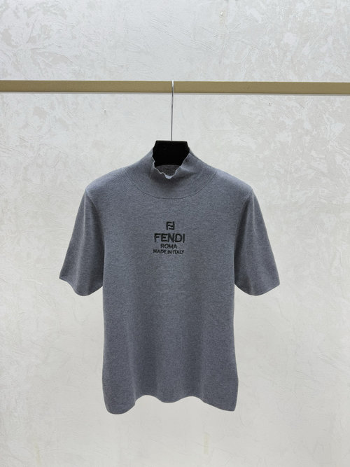 Fendi Gray Color-Blocked Letter High-Neck Knitted Short-Sleeve