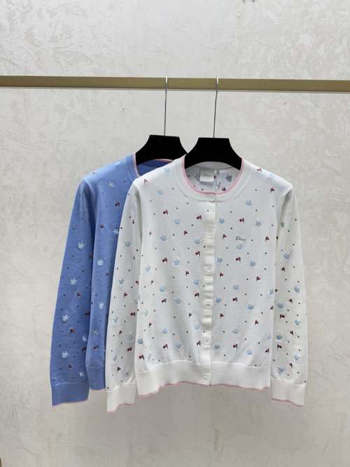 Dior White & Blue Color-Blocked Floral Round-Neck Knitted Cardigan