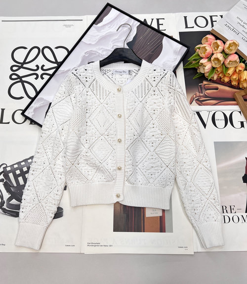 Dior Jacquard Hollow Knit Cardigan with Pearl Buttons