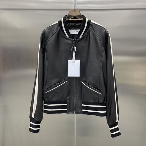 Dior Genuine Leather Spring Color-Blocked Baseball Jacket with Exquisite Details