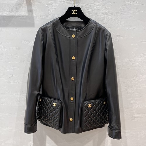 Chanel Vintage Knight - Style Genuine Leather Coat with Handmade Edging
