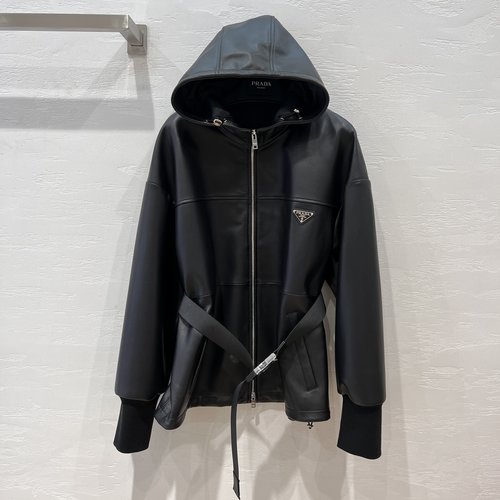Prada Exclusive First-release Belted Hooded Leather Jacket with Triangle Logo