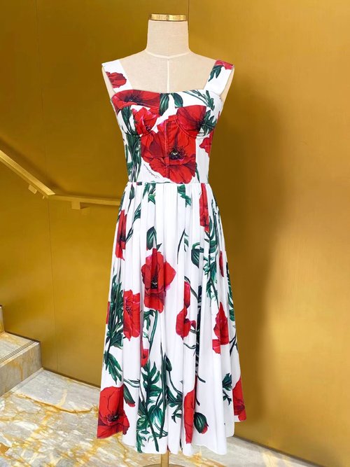 Dolce & Gabbana Cotton Strappy Dress with Original Poppy Pattern