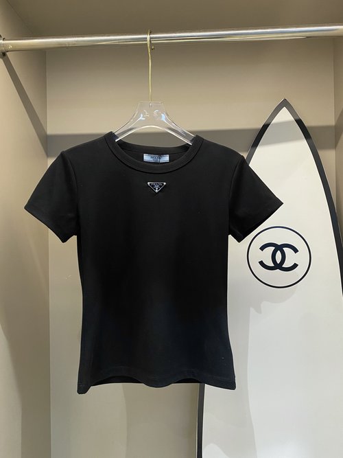 Prada Minimalist Short-sleeved T-shirt with Metal Triangle Logo