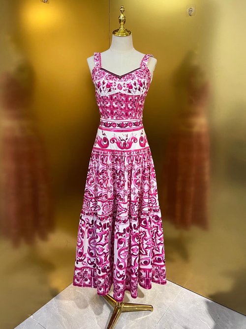 Dolce & Gabbana Cotton Floral Print Flared Long Skirt with Red Flower Motif