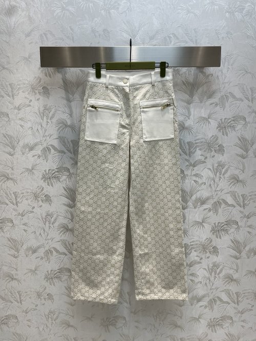 Gucci Spring-Summer New: Leather-Patched Jacquard High-Waist Pants