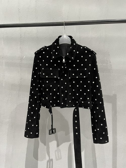 Balmain Stylish Goatskin Studded Biker Jacket with Logo Zipper