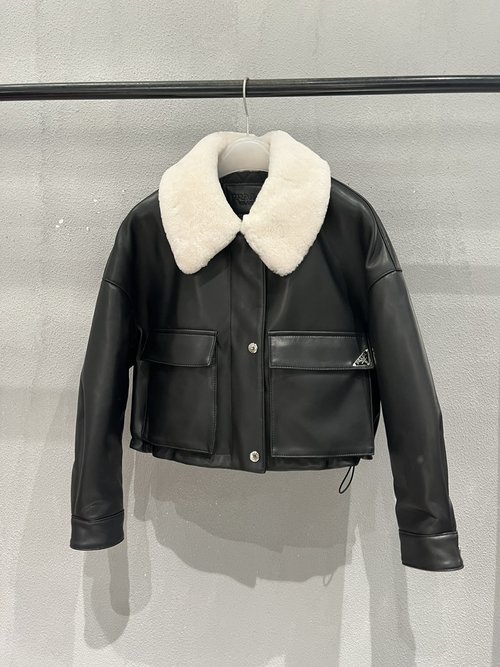Prada Prada-Inspired Sheepskin Cotton Coat with Fur Collar