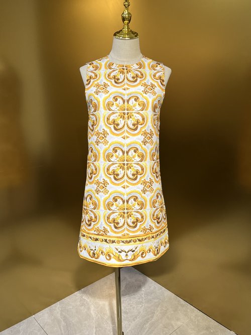 Dolce & Gabbana Casual Yellow Flower Brocade Loose Vest Dress