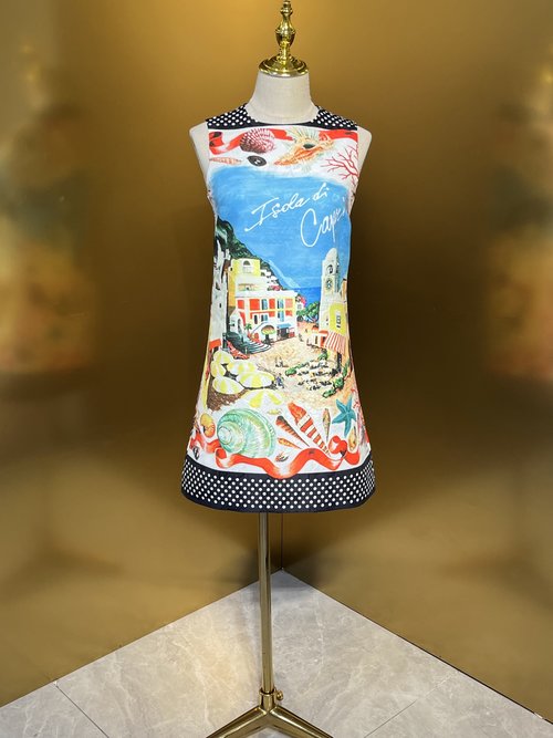 Dolce & Gabbana Shell and Conch Landscape Floral Jacquard Vest Dress