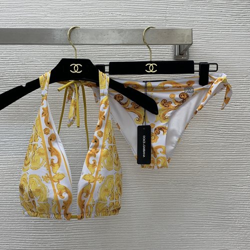 Dolce & Gabbana Gold Vintage Floral Print Bikini Set with Decor