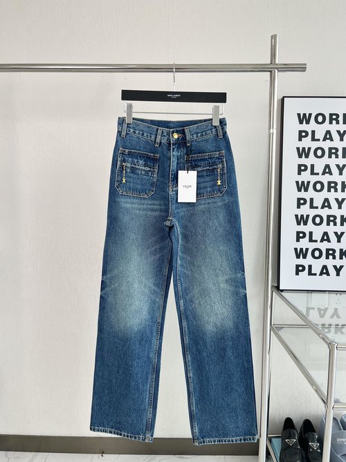 Celine Blue Washed Cotton High-Waist Jeans, Relaxed and Stylish