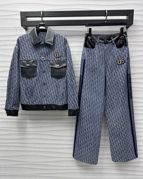 Dior High Waist Straight Fit Embroidered Denim Pants with Leather