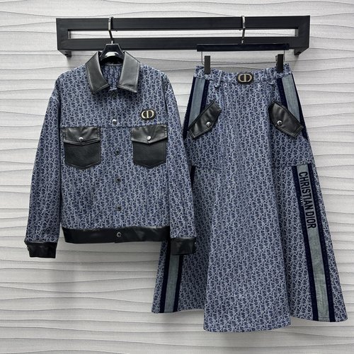 Dior High Fashion Jacquard Patchwork Denim Umbrella Skirt with Leather