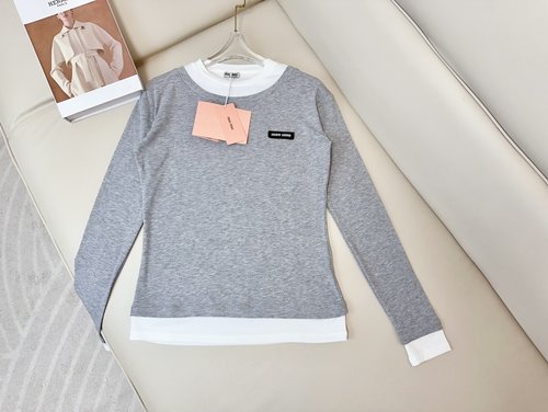Miu Miu Customized Cotton Slim Fit Long Sleeve T-shirt with Fake Two-piece Design