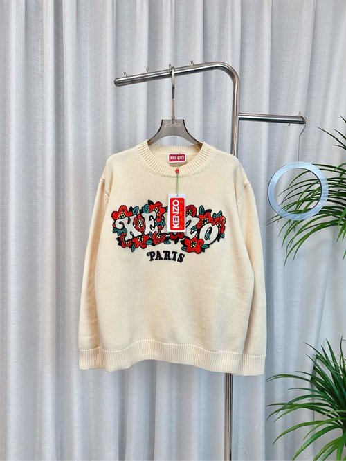 Kenzo Embroidered Flower Logo Round Neck Wool Top, Soft and Stylish