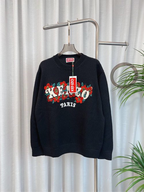 Kenzo Embroidered Flower Logo Round Neck Wool Top, Soft and Stylish