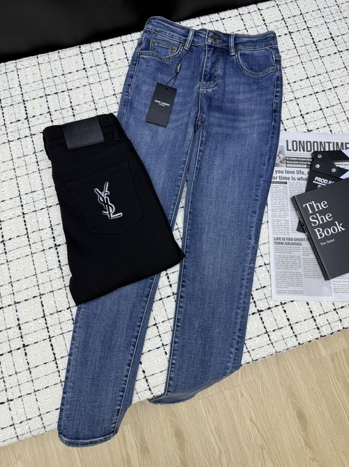 Yves Saint Laurent Back Pocket Printed Logo Denim Slim Jeans with Stretch Material