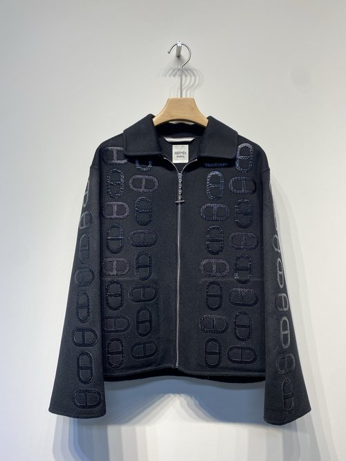 Hermes Short Collared Cashmere Coat with Genuine Leather Embroidery