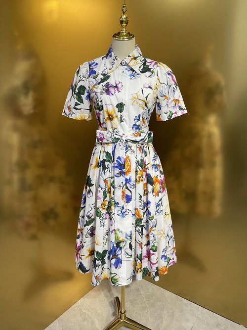 Dolce & Gabbana Orchid-Patterned Cotton Short-Sleeved Swing Shirt Dress