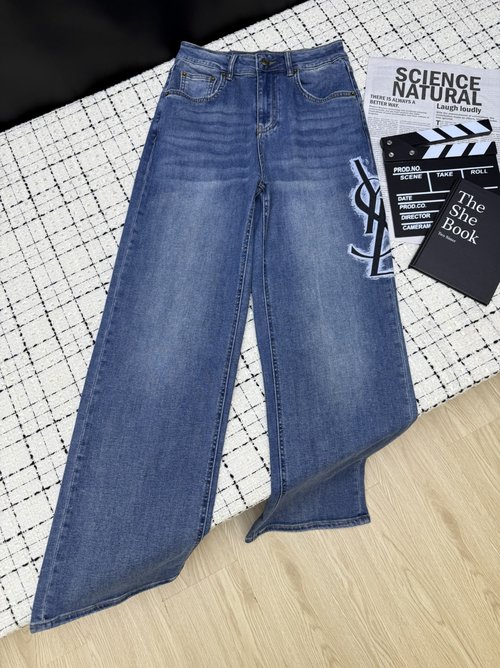 Yves Saint Laurent High-Value Straight-Leg Jeans with Side Print